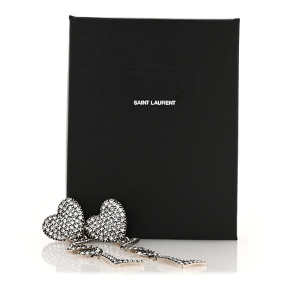 Saint Laurent Brass Crystal Monogram Heart Drop Clip Earrings Silver Silver 5 of 5