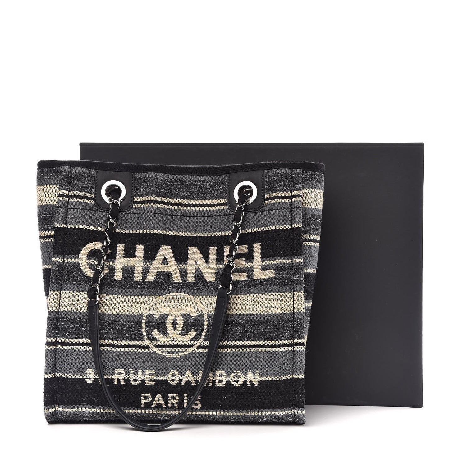 Striped Canvas Small Deauville Tote Grey Black