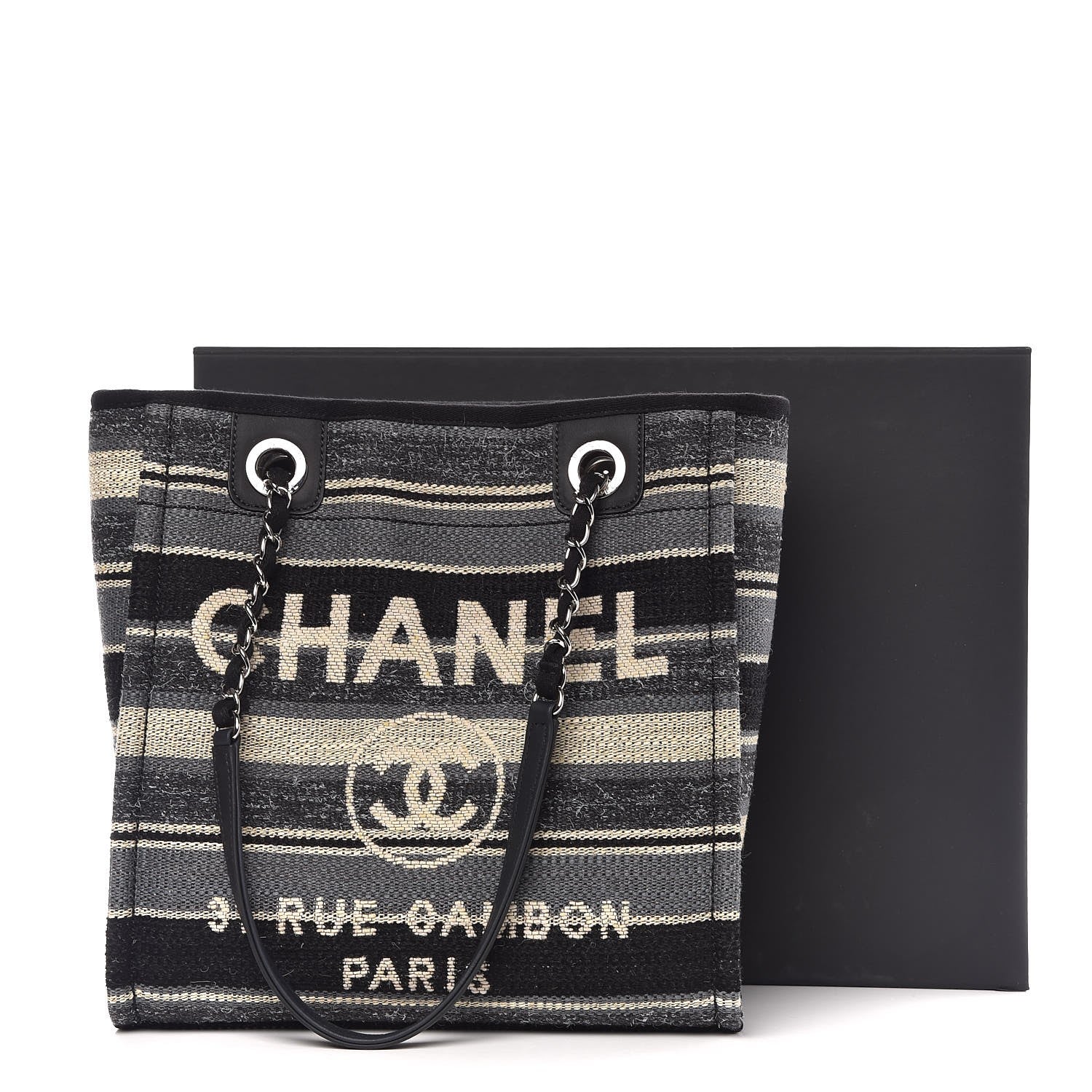 Chanel Striped Canvas Small Deauville Tote Grey Black 9 of 9