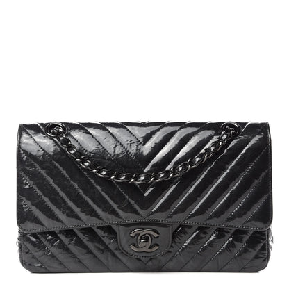 Chanel Metallic Patent Crumpled Calfskin Chevron Quilted Medium Double Flap So Black 1 of 13