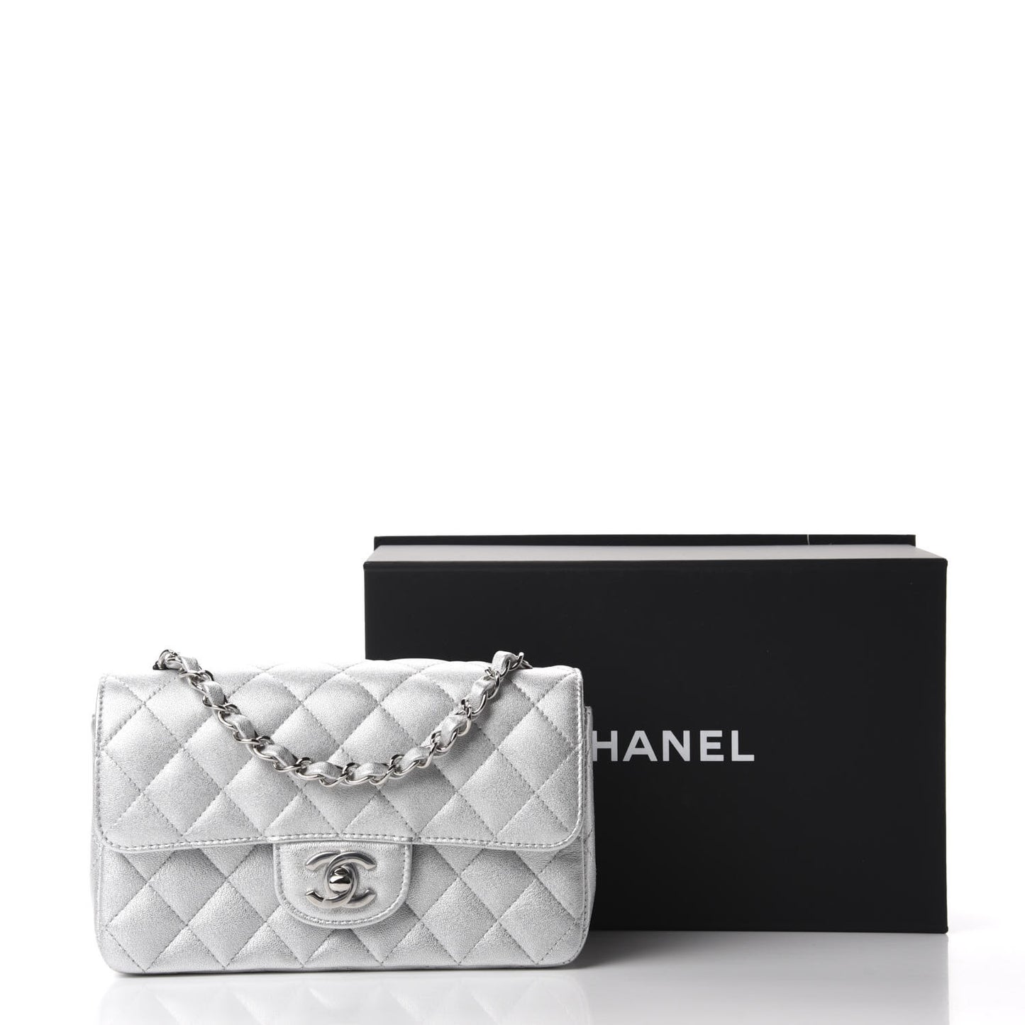 Metallic Lambskin Quilted Mini Rectangular Flap Silver