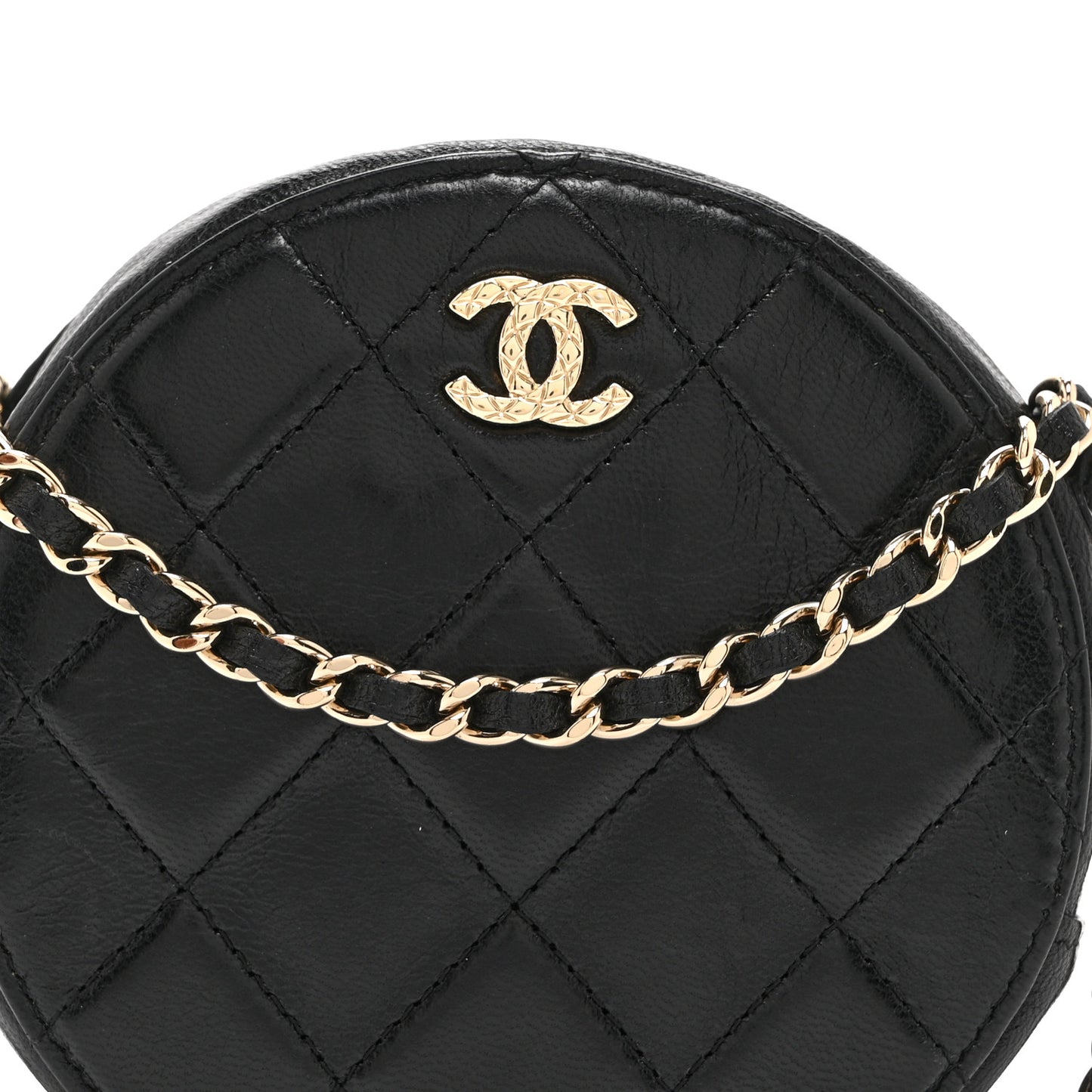 Calfskin Round Clutch With Chain Black