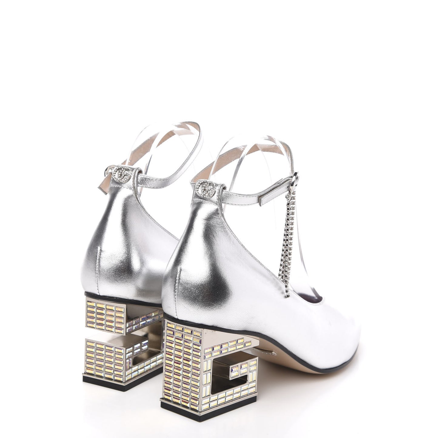 Metallic Nappa Crystal Square G Mid Heel Pumps 38 Silver