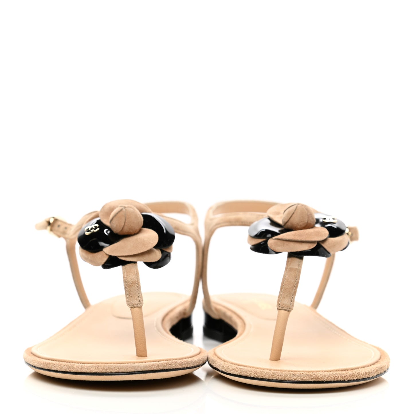 Suede Patent Calfskin Camellia Thong Sandals 41 Beige Black