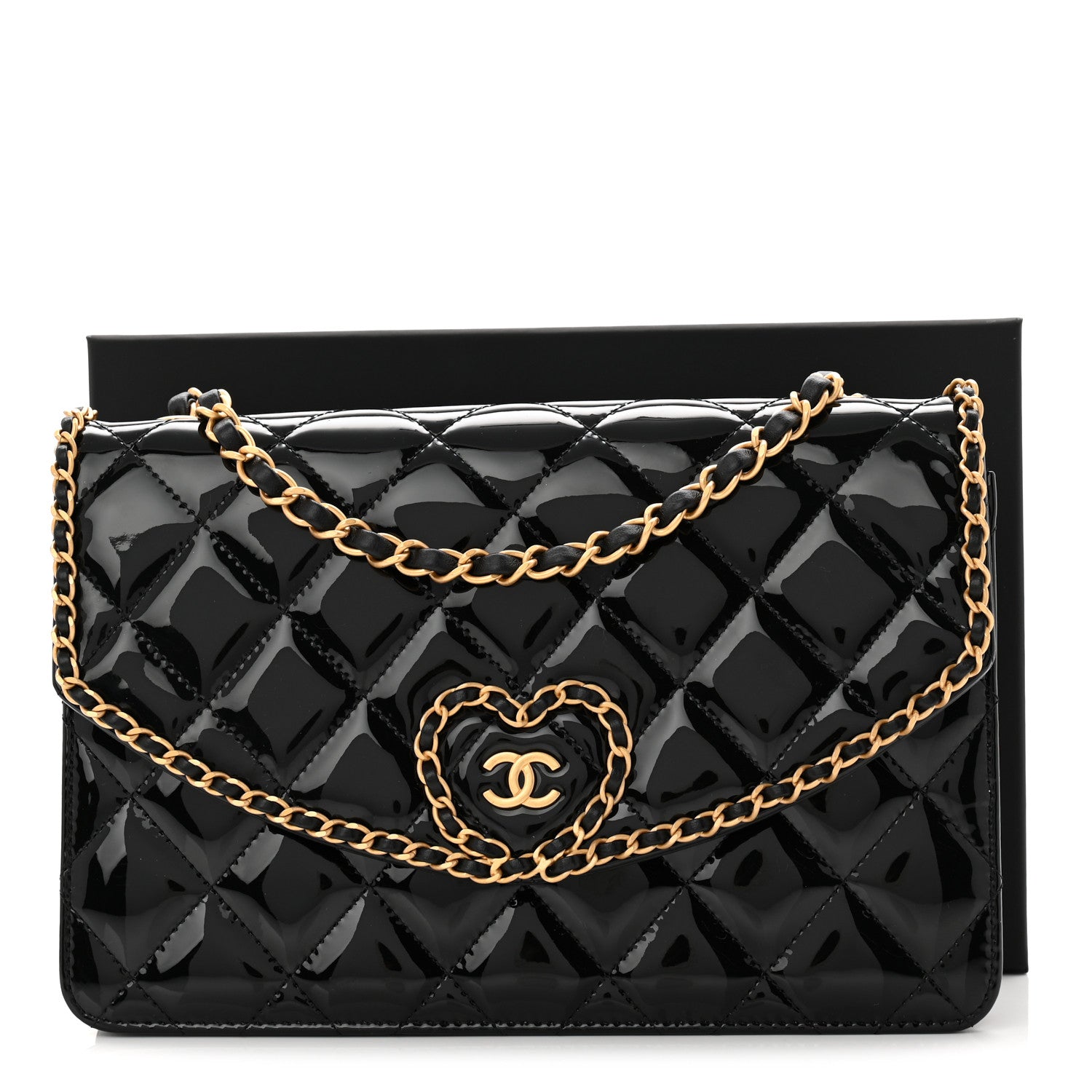 Chanel Patent Quilted Chain Around Heart Flap Black 11 of 11
