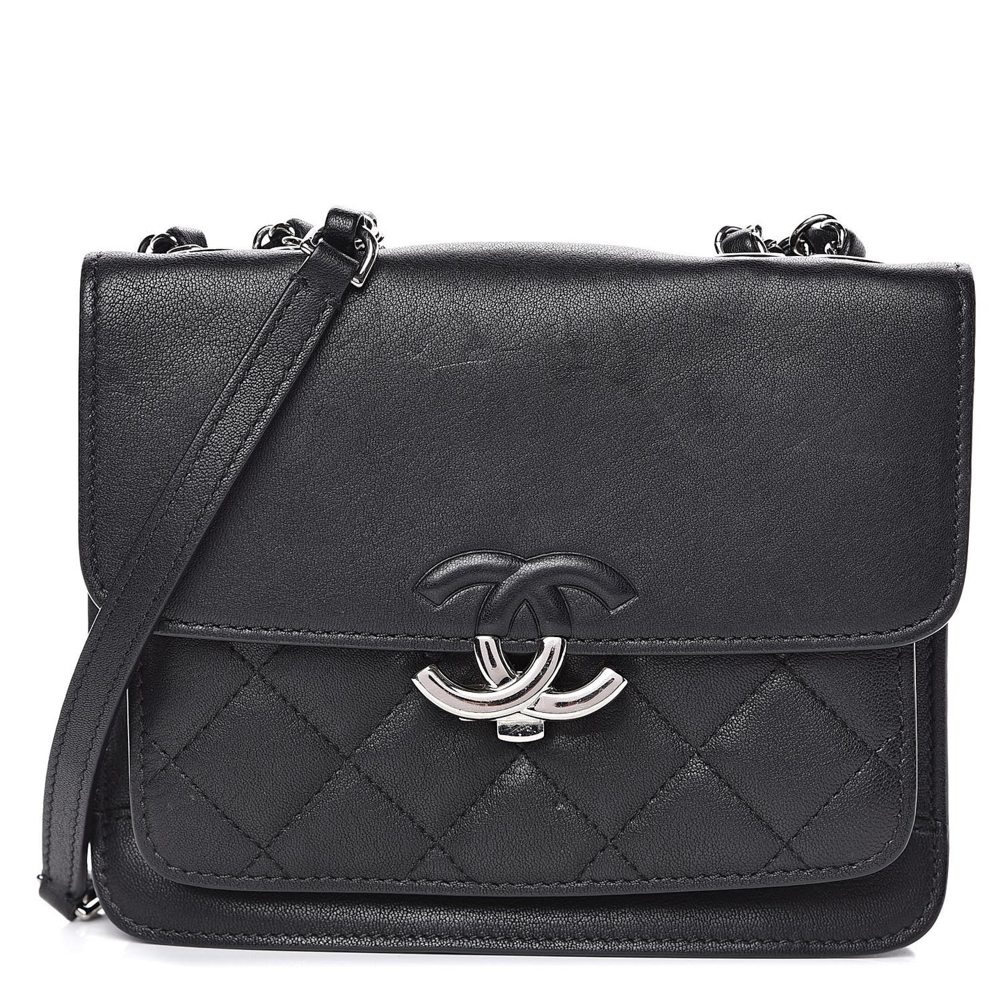 Grained Calfskin Quilted Small CC Box Flap Black