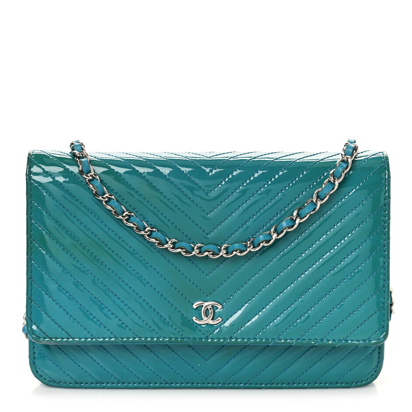 Patent Calfskin Chevron Quilted Wallet On Chain WOC Blue