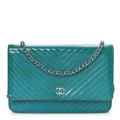 Chanel Patent Calfskin Chevron Quilted Wallet On Chain WOC Blue 1 of 10