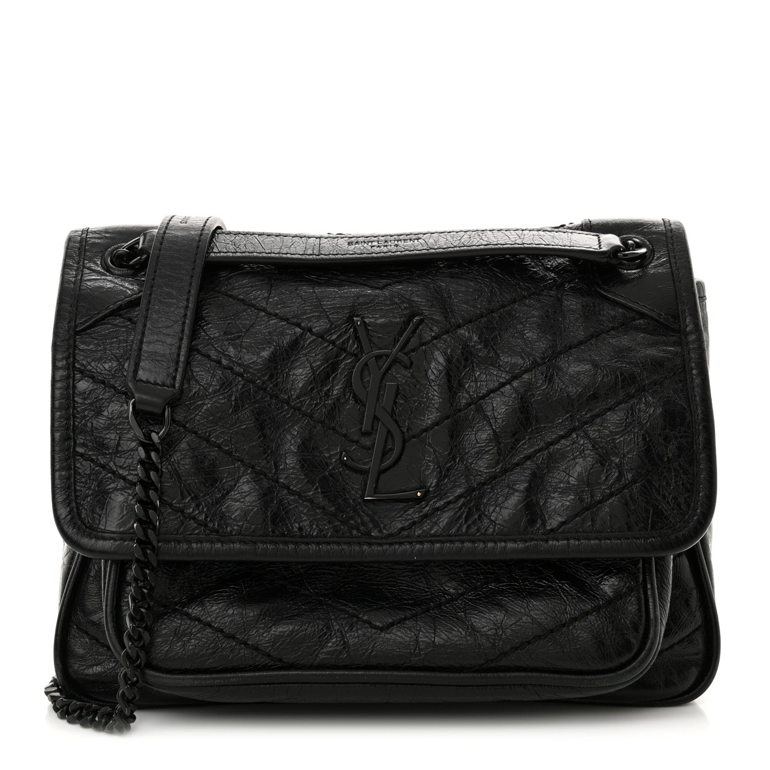Saint Laurent Crinkled Calfskin Matelasse Monogram Baby Niki Chain Satchel Black 1 of 14