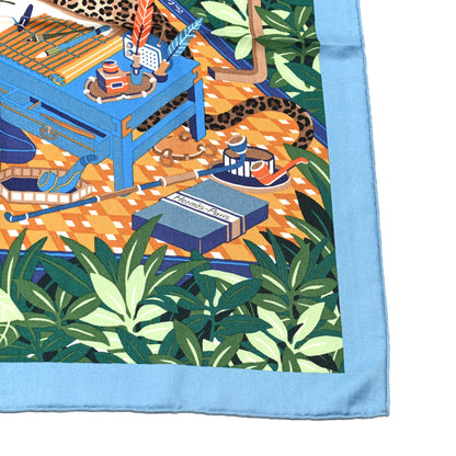 Hermes Cashmere Silk Les Douze Leopards Shawl 140 Bleu Moyen Vert 3 of 5