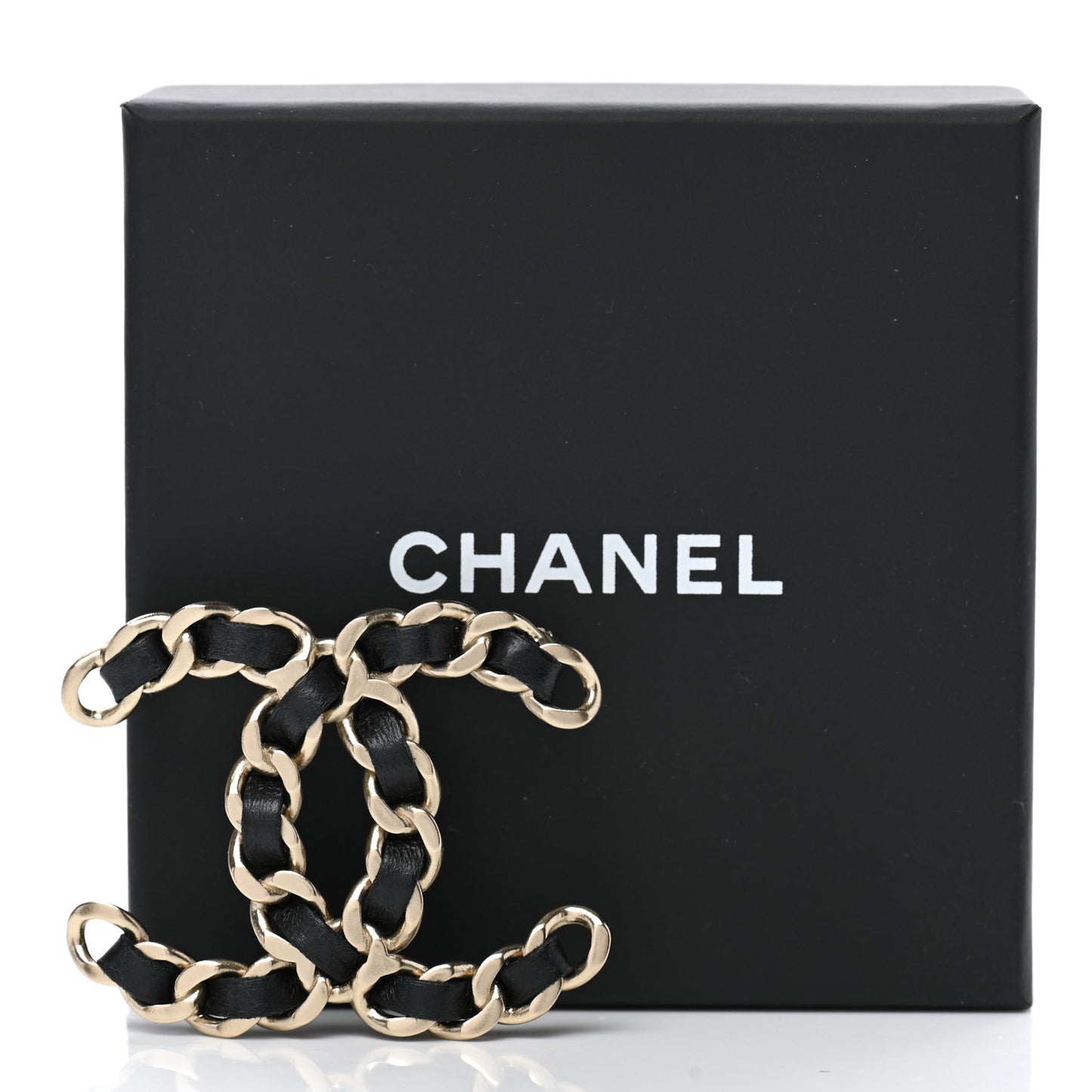 Lambskin Chain CC Brooch Black Gold