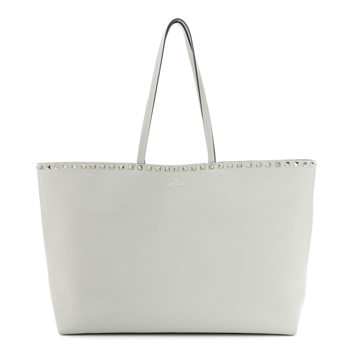 Grained Calfskin Rockstud Shoulder Tote Pastel Grey