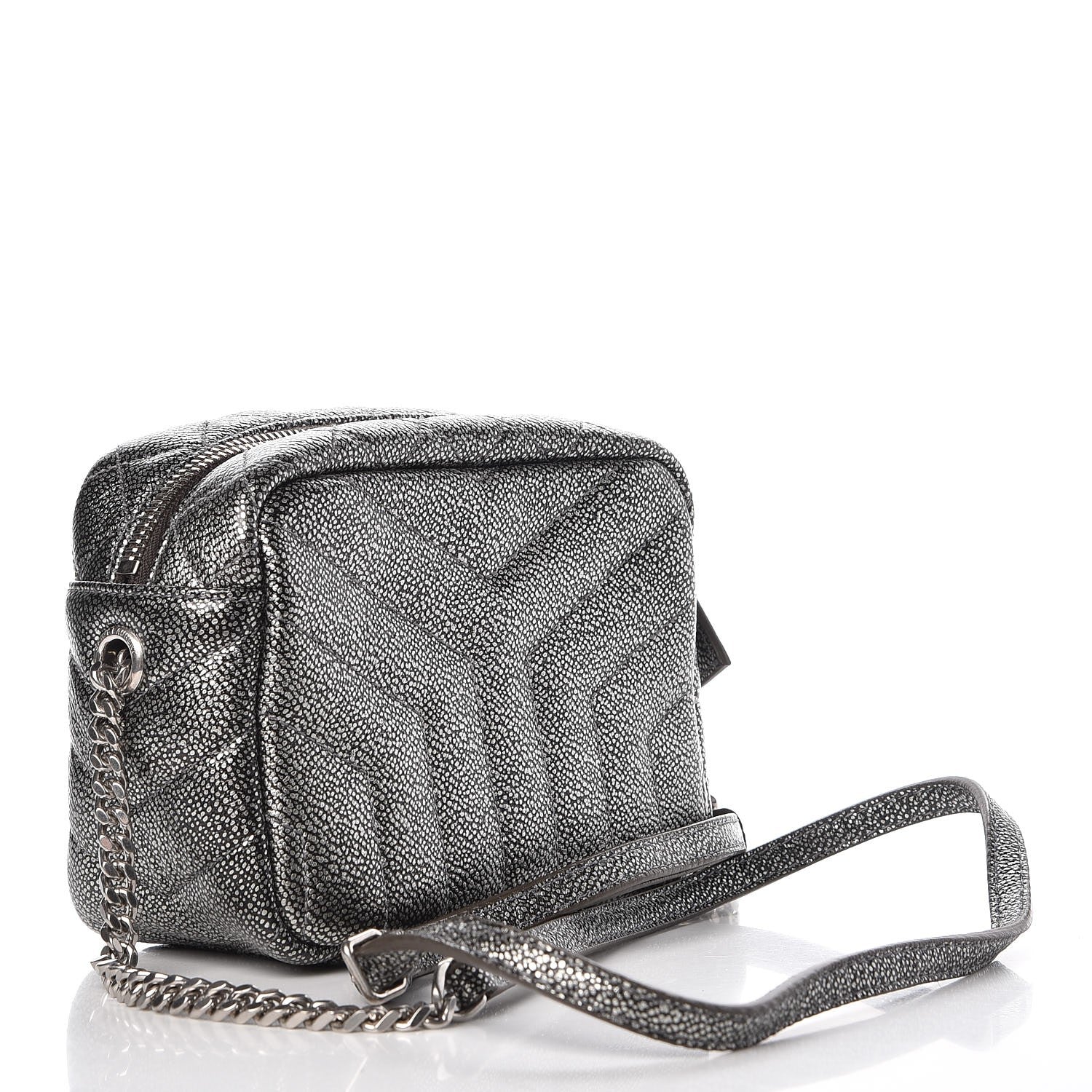 Saint Laurent Metallic Grain De Poudre Y Quilted Monogram Mini Loulou Camera Bag Gun Metal 3 of 7