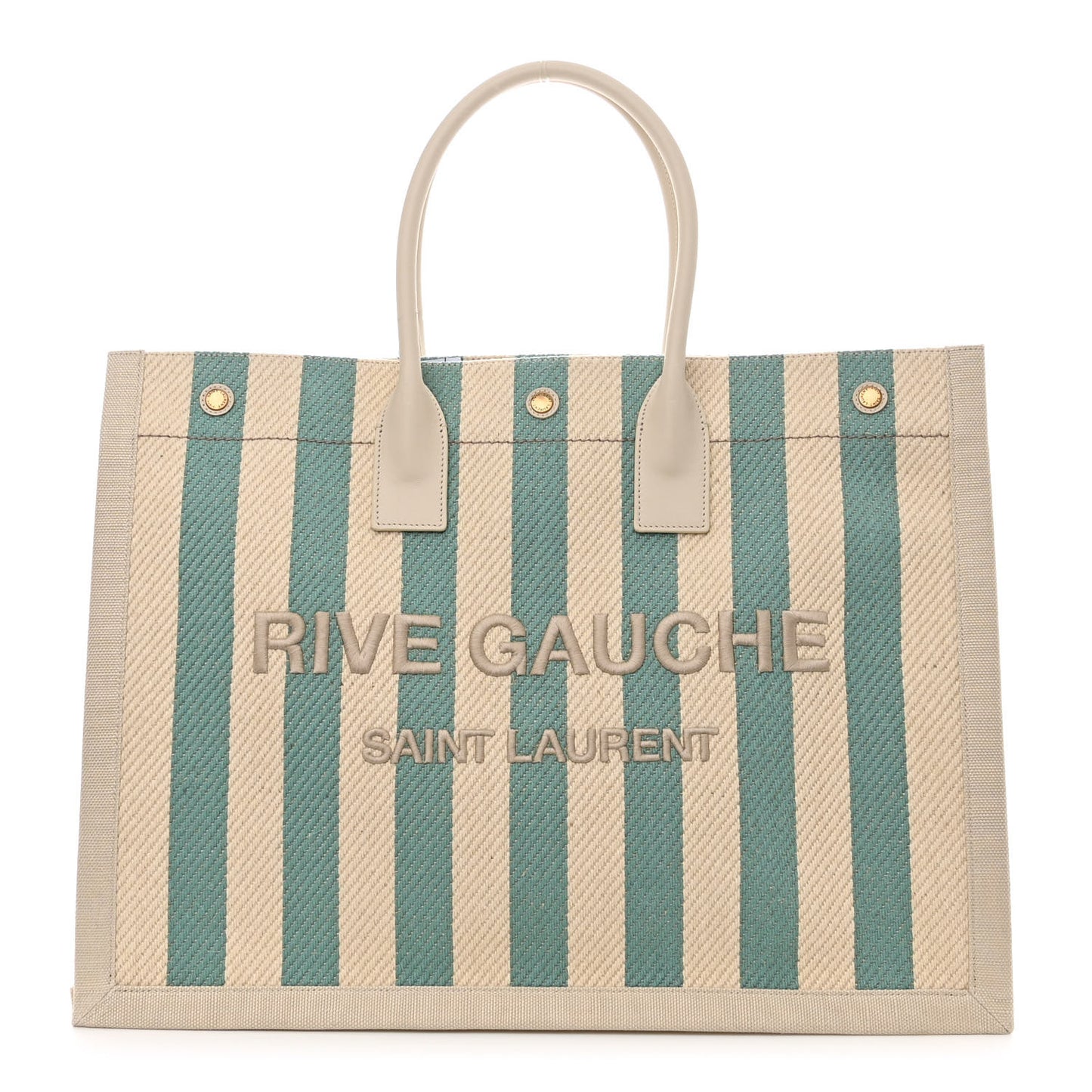 Cotton Linen Calfskin Striped Rive Gauche Tote Water Green