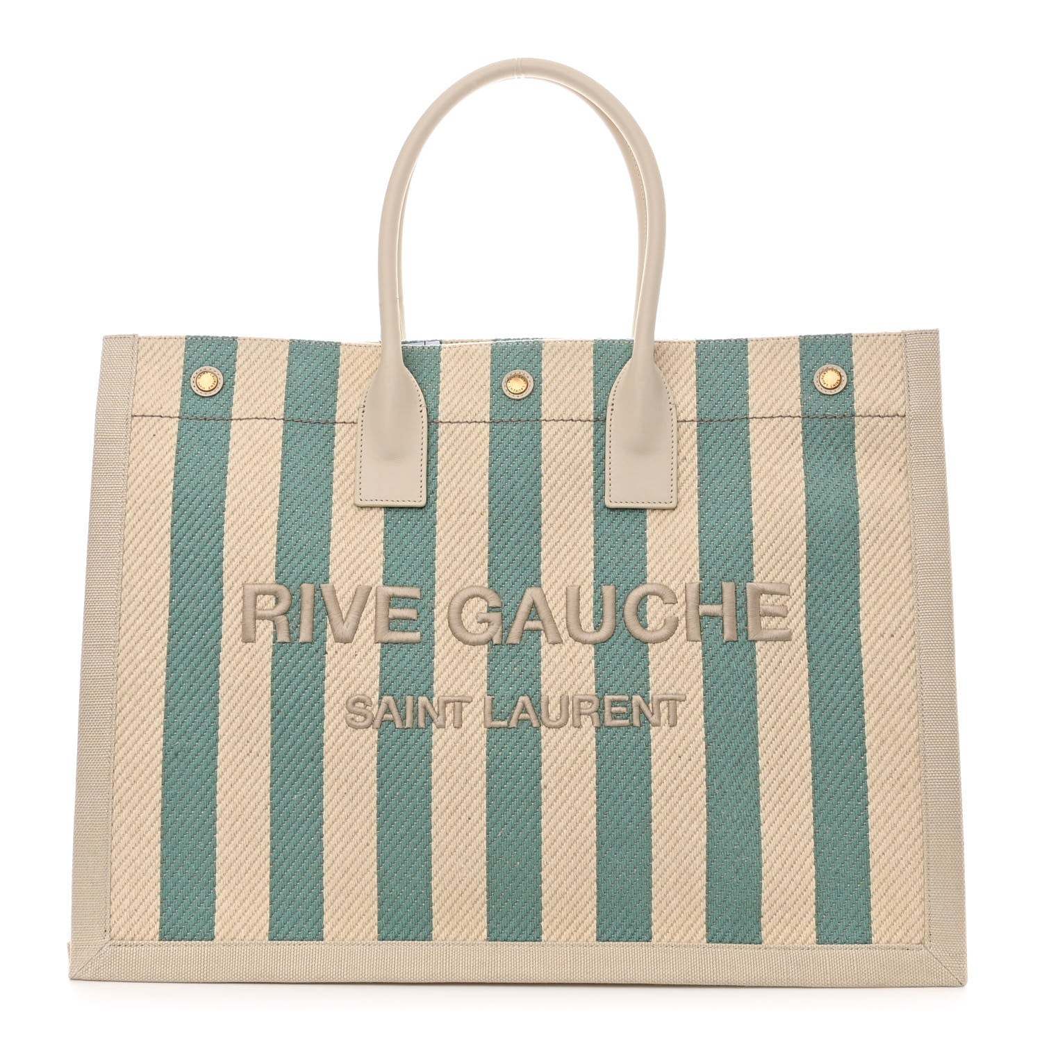 Saint Laurent Cotton Linen Calfskin Striped Rive Gauche Tote Water Green 1 of 10