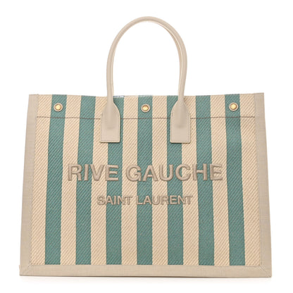 Saint Laurent Cotton Linen Calfskin Striped Rive Gauche Tote Water Green 1 of 10