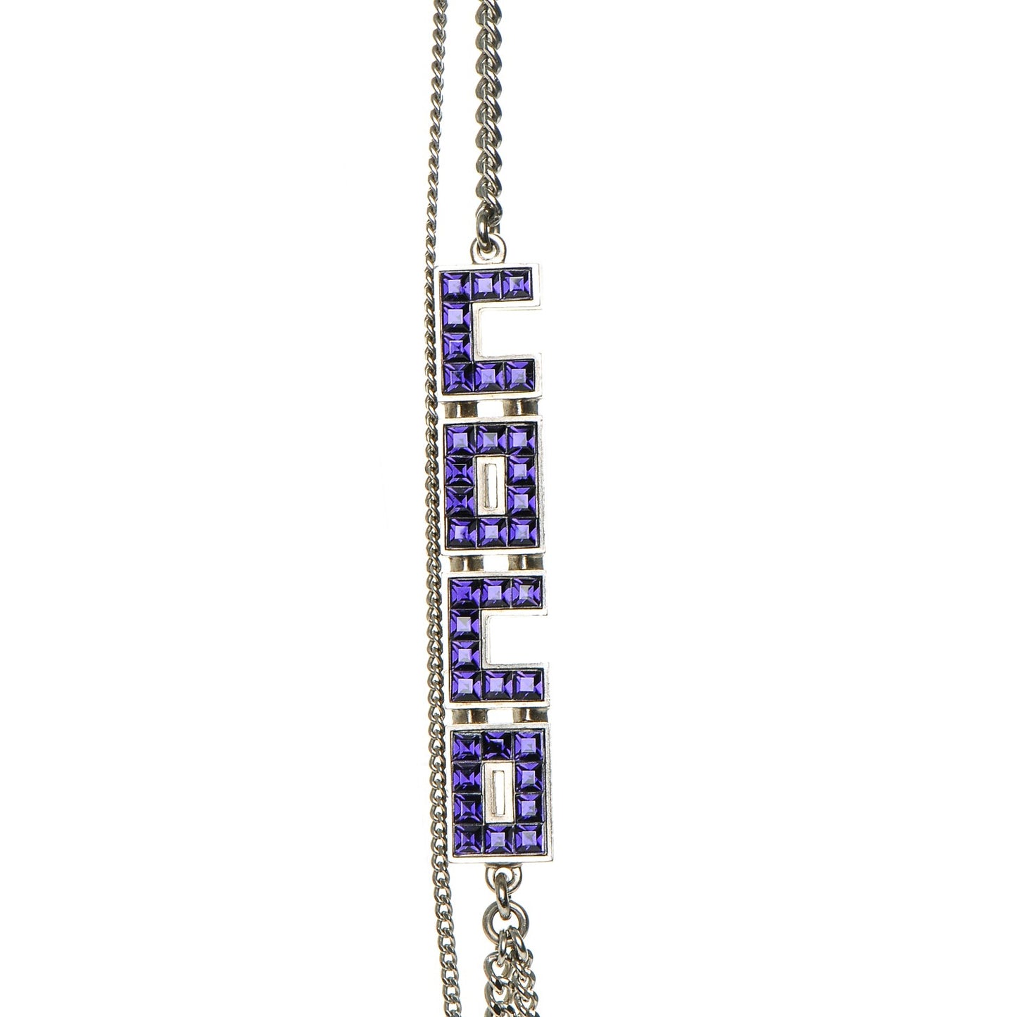 Baguette Crystal Coco Love CC Long Necklace Silver Purple