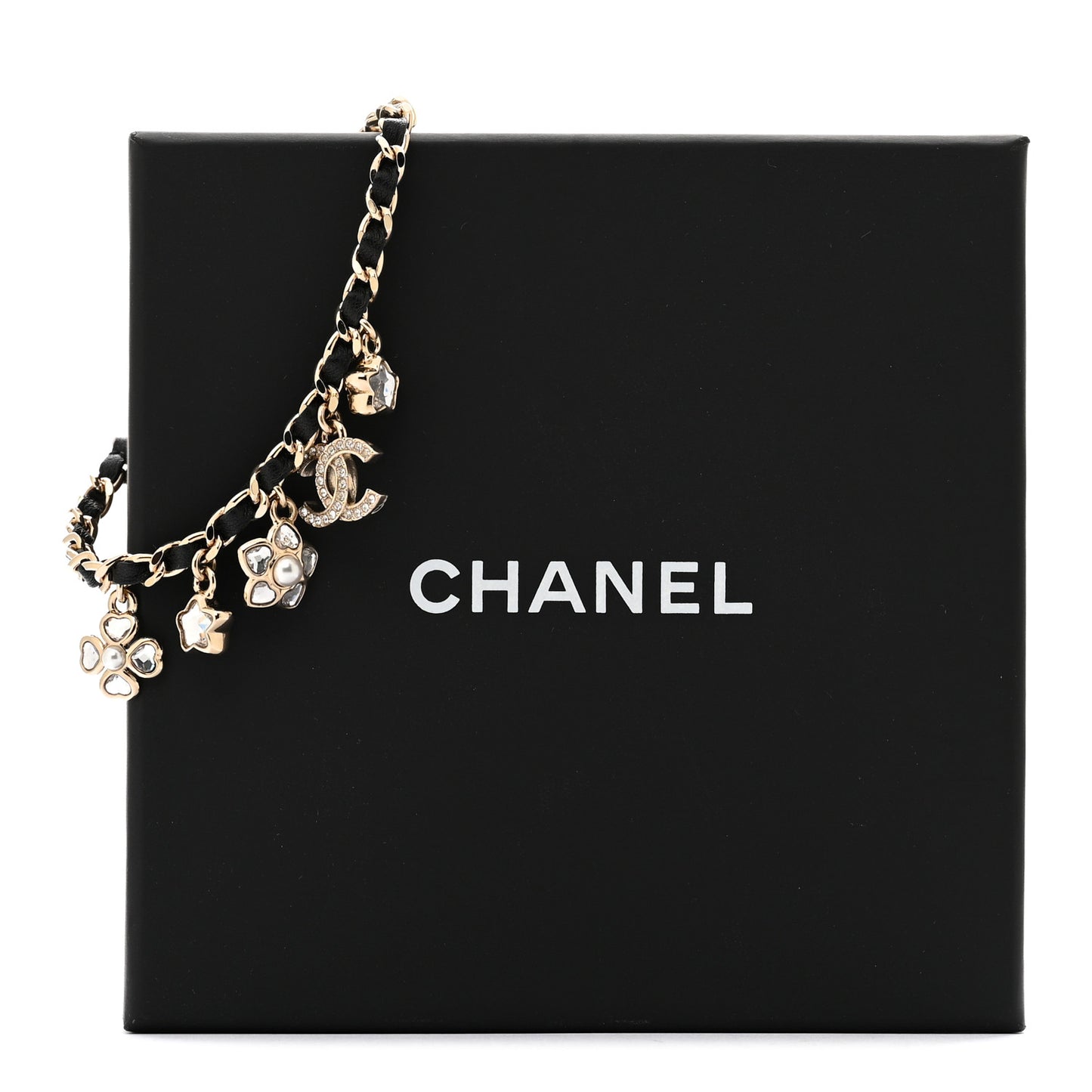 Metal Lambskin Crystal Chain CC Charms Bracelet Gold Black