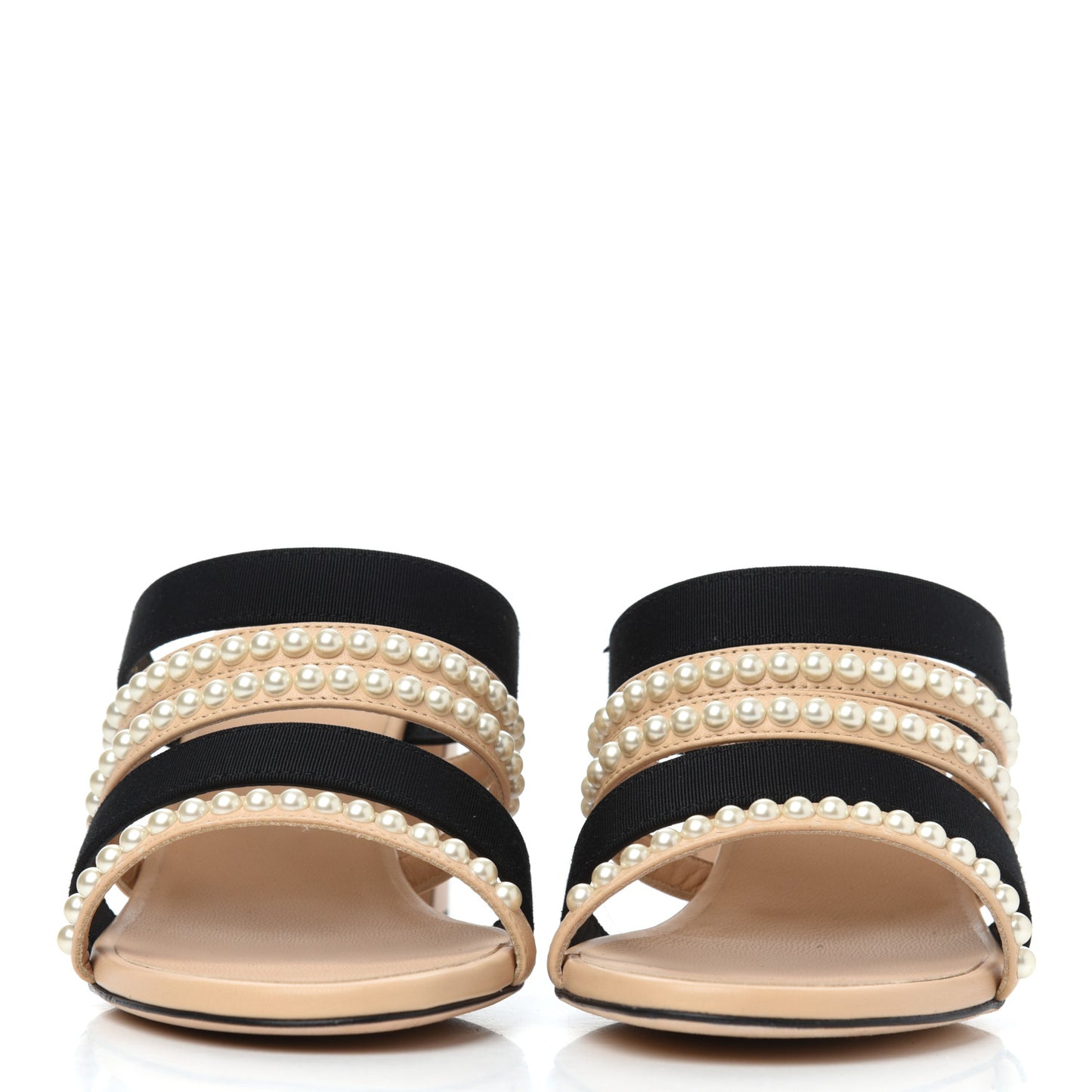 Lambskin Grosgrain Pearl Mules 38.5 Beige Black