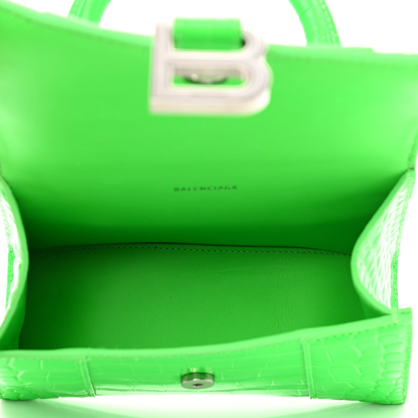 Shiny Calfskin Crocodile Embossed Hourglass Top Handle Bag XS Fluo Green