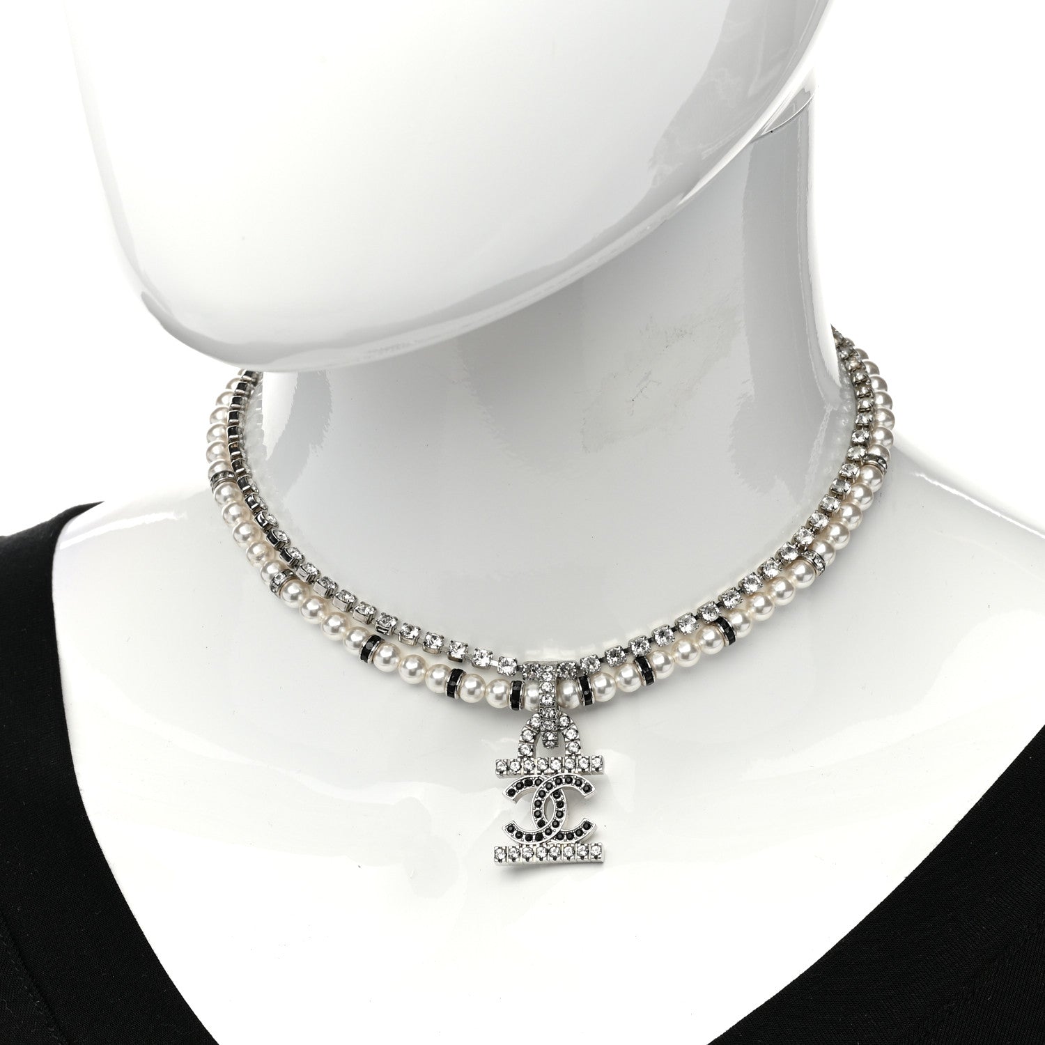 Chanel Pearl Crystal CC Choker Necklace Silver White Black 2 of 6