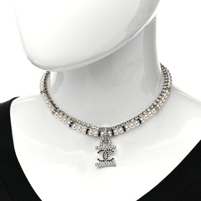 Chanel Pearl Crystal CC Choker Necklace Silver White Black 2 of 6