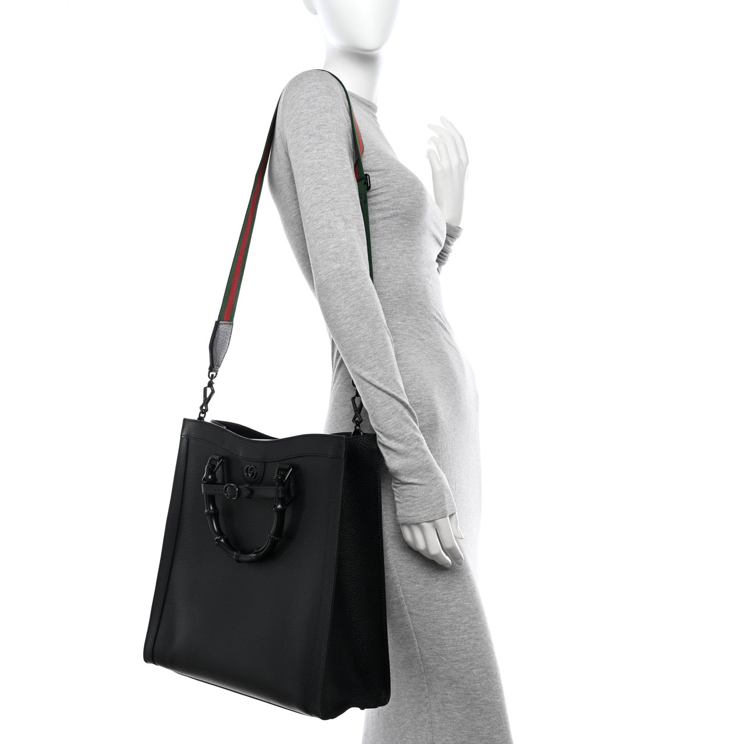Gucci Textured Dollar Calfskin Web Monochrome Large Diana Tote Bag Black 2 of 16
