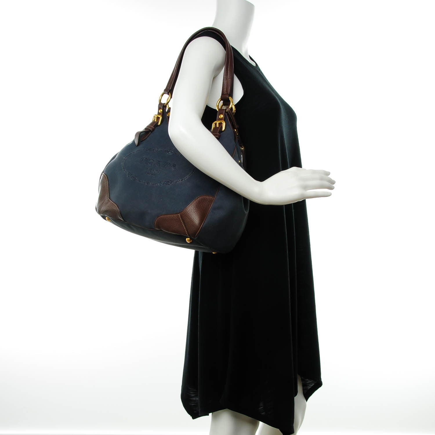 Prada Jacquard Vitello Daino Logo Shoulder Bag Denim 2 of 8