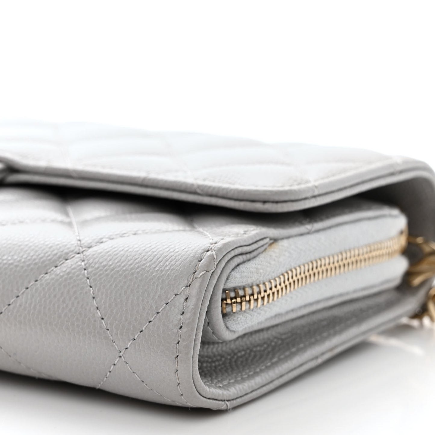 Caviar Quilted Phone Holder Wallet on Removable Chain Grey