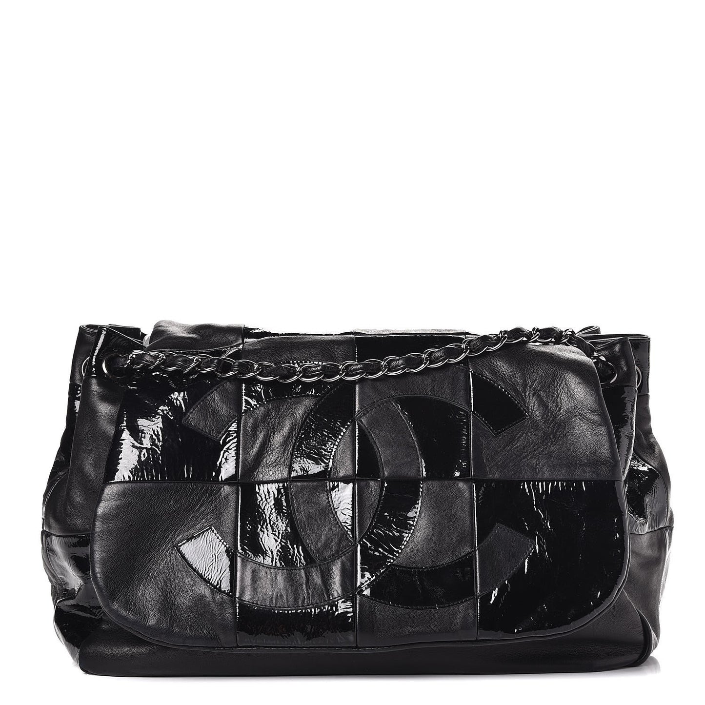 Lambskin Patent Calfskin Brooklyn Patchwork Flap Black