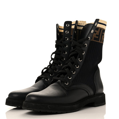 Fendi Calfskin Stretch Fabric Rockoko Biker Boots 38 Tobacco Black Marino 3 of 8
