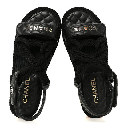 Chanel Cord Lambskin Quilted Logo Sandals 37 Black 2 of 11