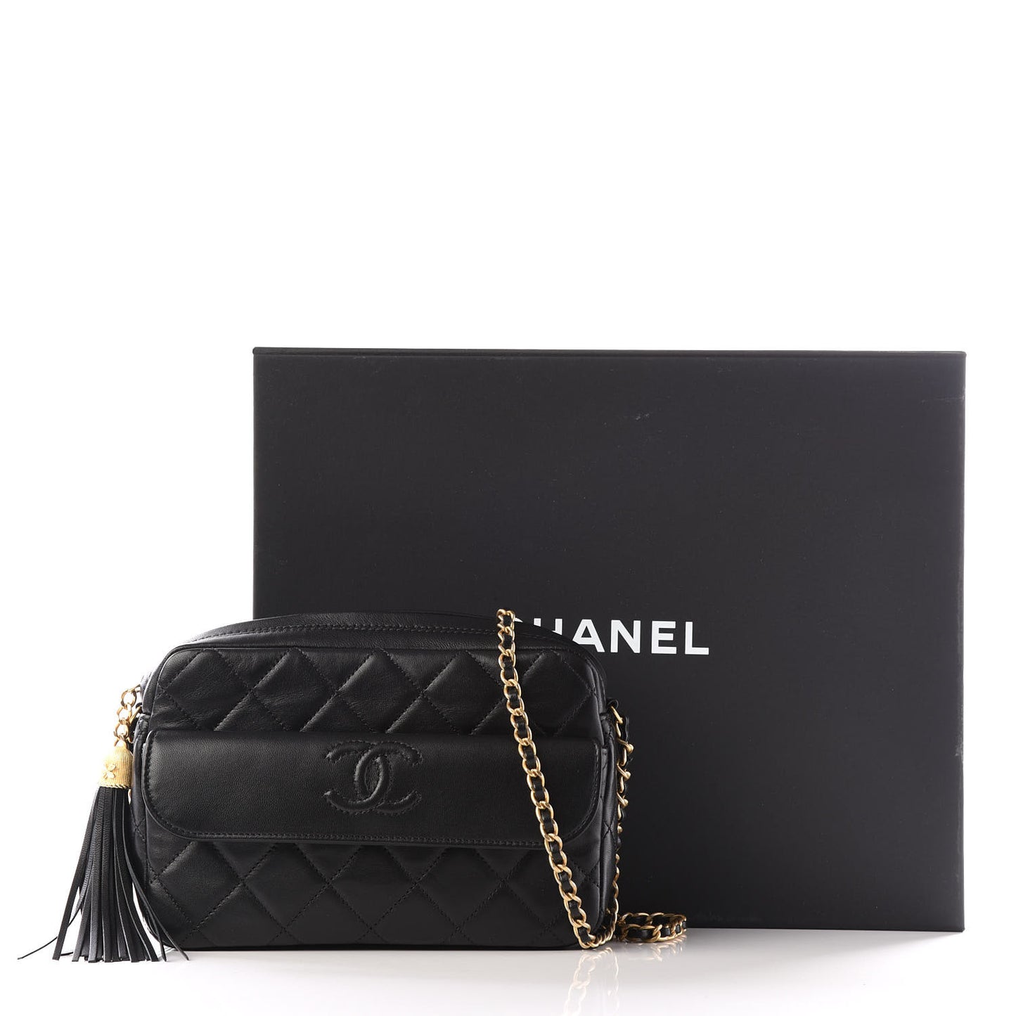 Lambskin Quilted Chain & Tassel Small Camera Case Black
