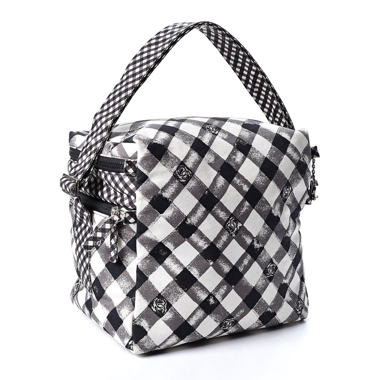 Chanel Canvas Gingham Printed CC Lunch Box Bag Black White 2 of 10