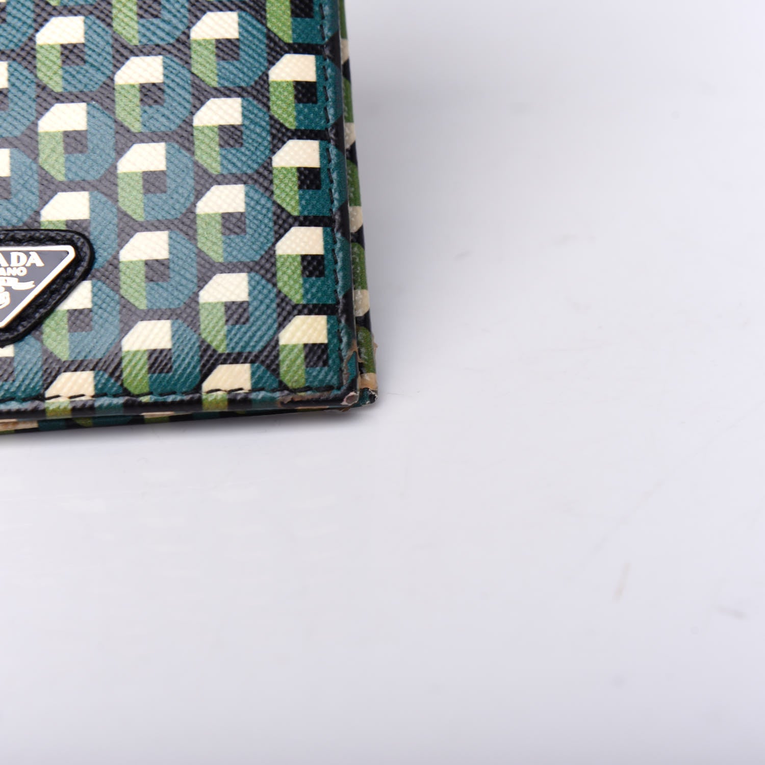 Prada Saffiano Geometric Print Bi-Fold Wallet Smeraldo Dis 7 of 9