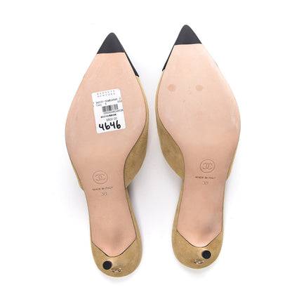 Chanel Suede Grosgrain Cap Toe CC Mules 38 Beige Black 5 of 10