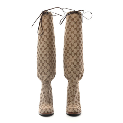 Gucci Monogram Lisa Mid Heel Boots 37 Beige Ebony 2 of 8