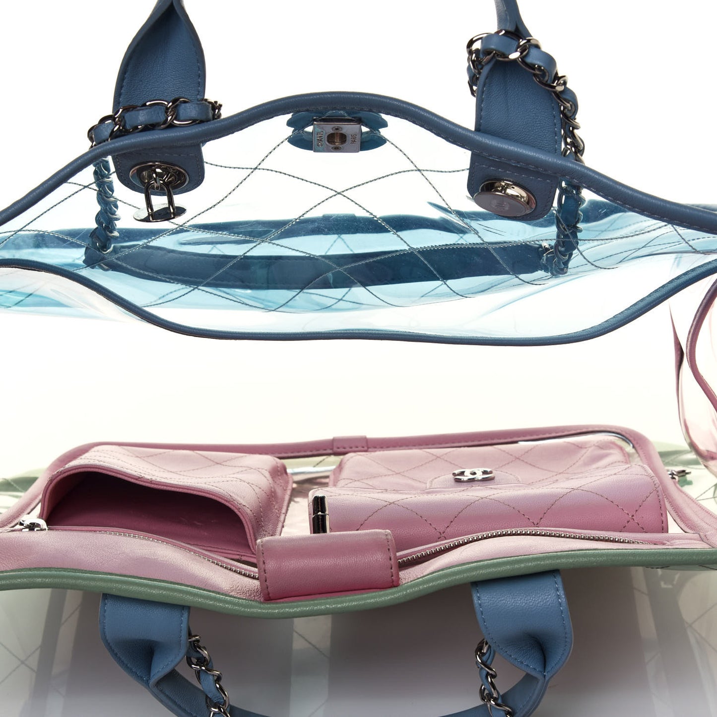 PVC Lambskin Stitched Medium Coco Splash Shopping Bag Blue Green Pink