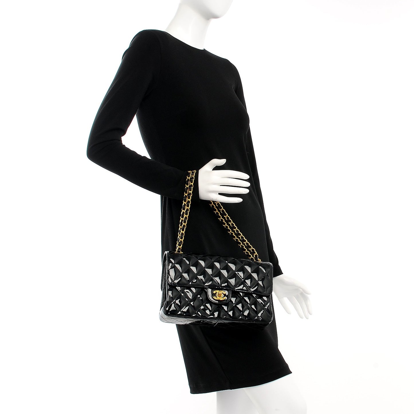 Patent Quilted Medium Double Sided Single Flap Black