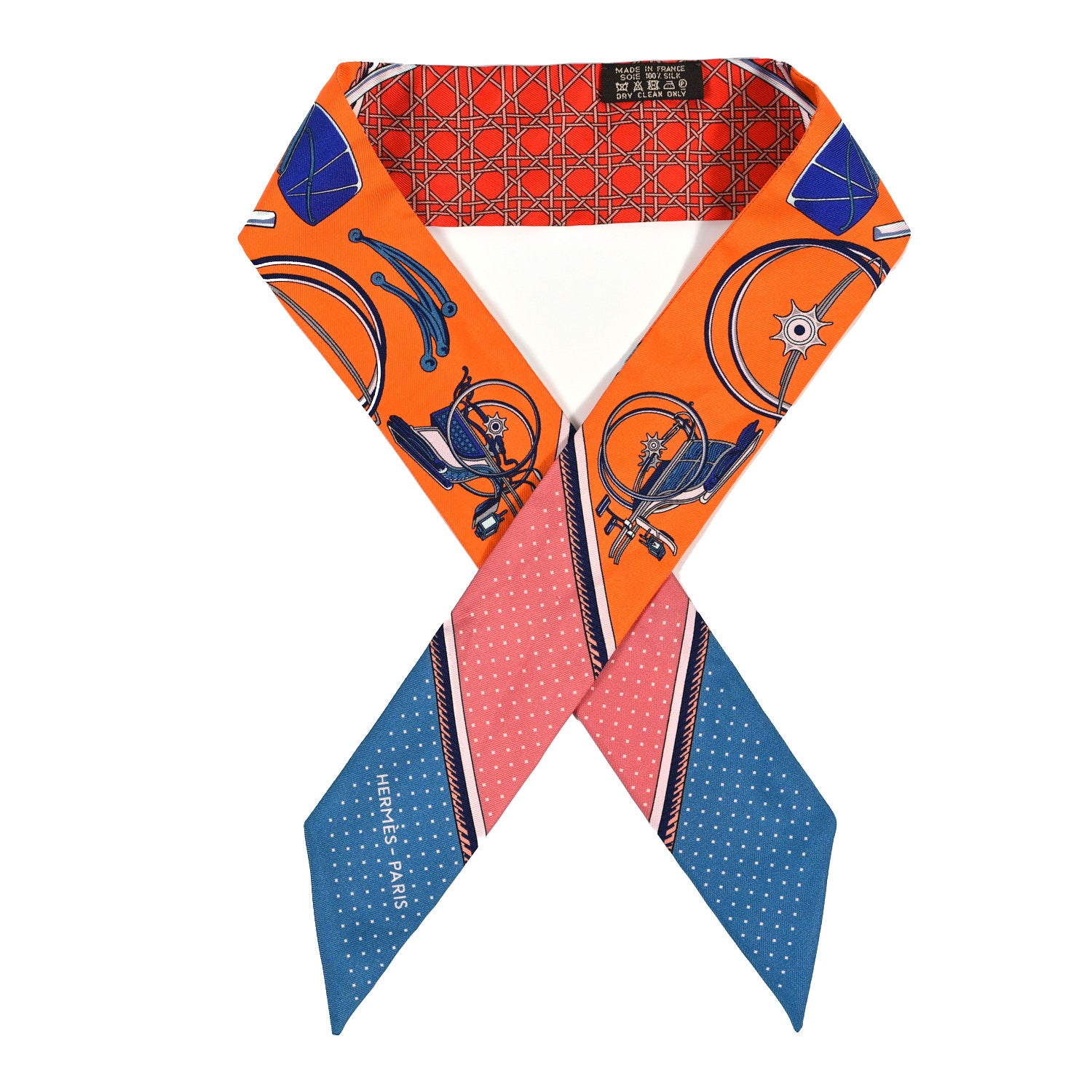 Hermes Silk Les Voitures A Transformation Twilly Orange Cobalt Vermillon 1 of 4