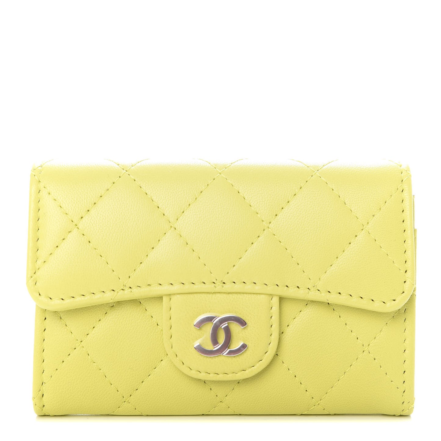 Lambskin Quilted Flap Card Holder Wallet Yellow