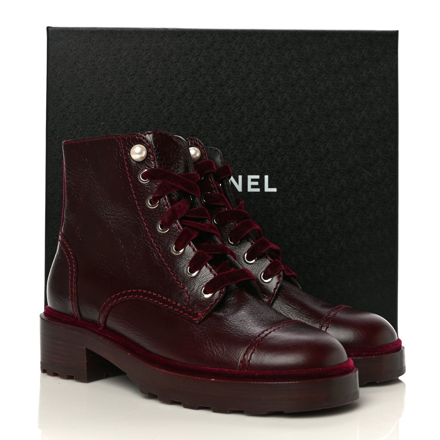 Calfskin Velvet Pearl Combat Short Boots 38 Burgundy