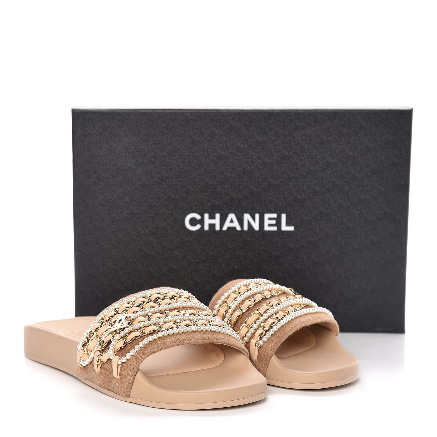 Chanel Felt Pearl Lambskin Chain Flat Sandals 39 Beige 10 of 10