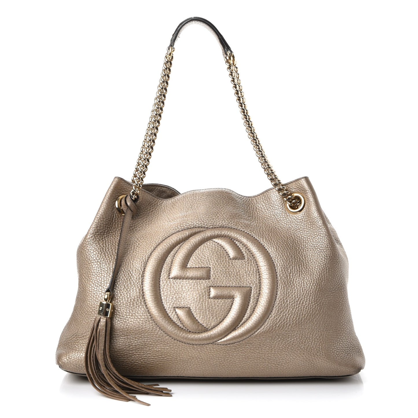 Metallic Pebbled Calfskin Medium Soho Chain Shoulder Bag Golden Beige