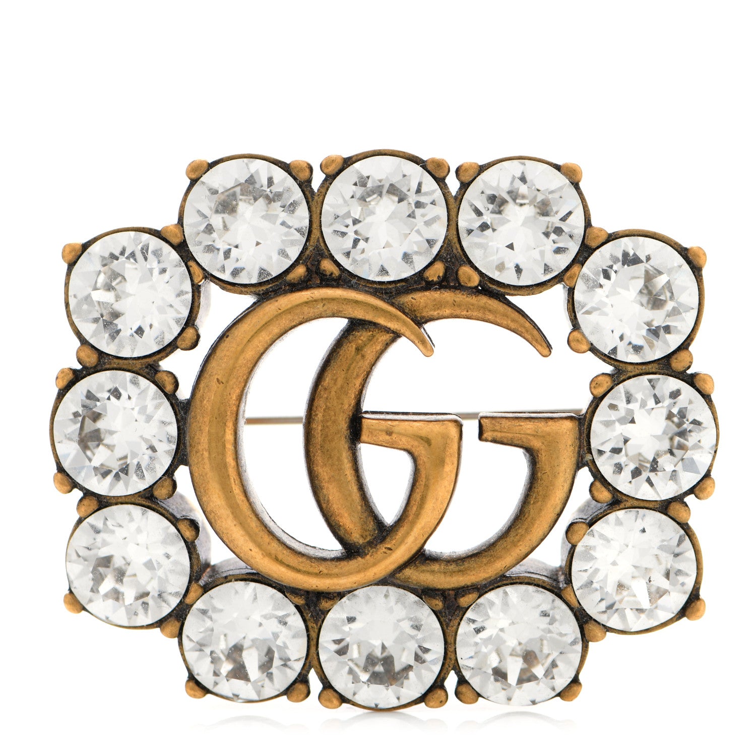 Gucci Metal Crystal Double G Brooch Aged Gold 1 of 4