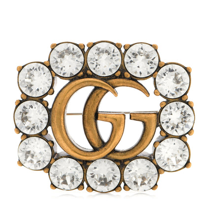 Gucci Metal Crystal Double G Brooch Aged Gold 1 of 4
