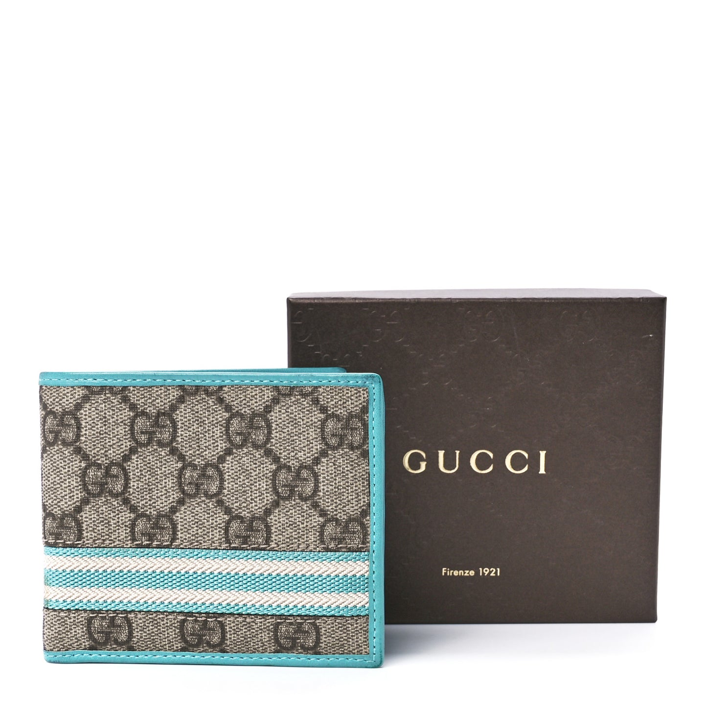 GG Plus Monogram Web Bi-Fold Wallet Blue Beige