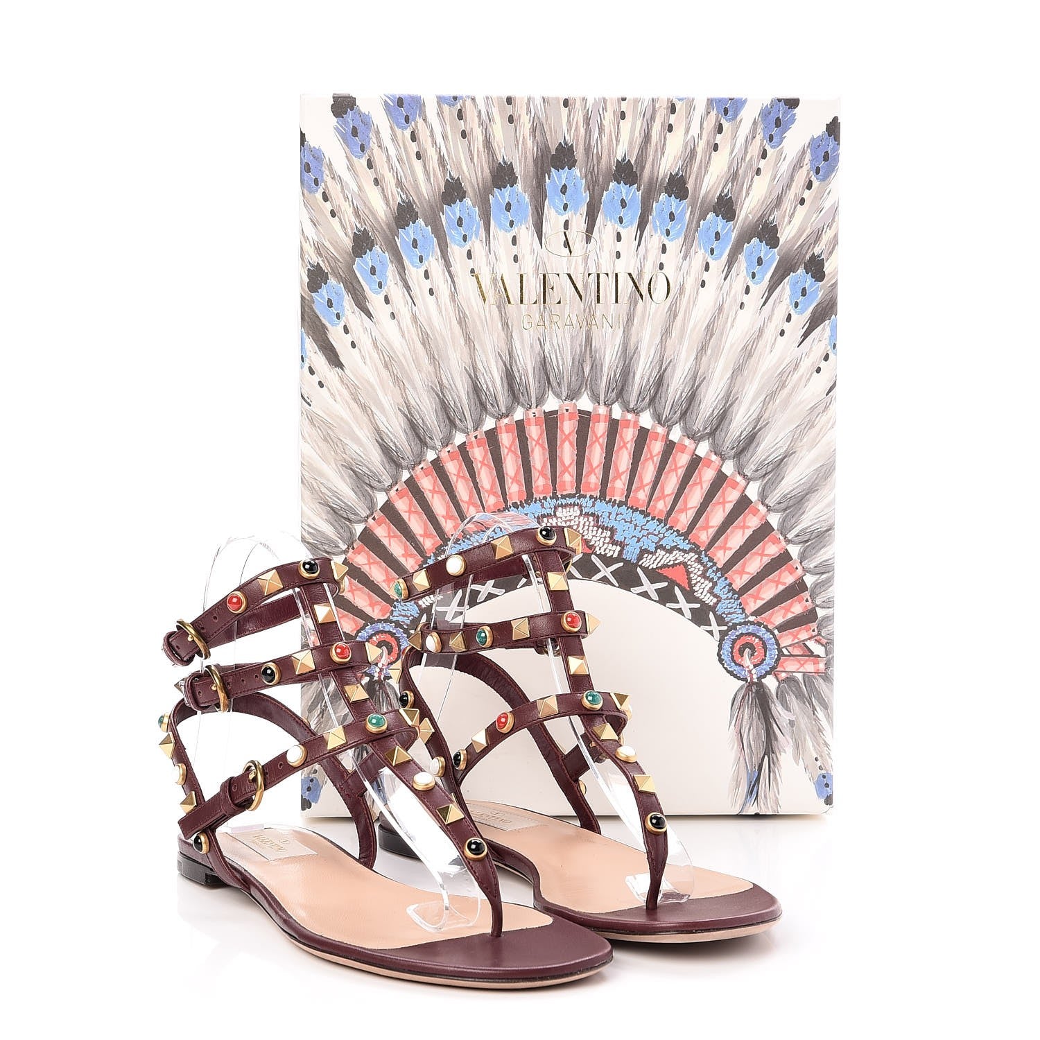 Valentino Garavani Calfskin Rockstud Rolling Cabochon Ankle Wrap Flat Thong Sandals 37.5 Cacao 8 of 8