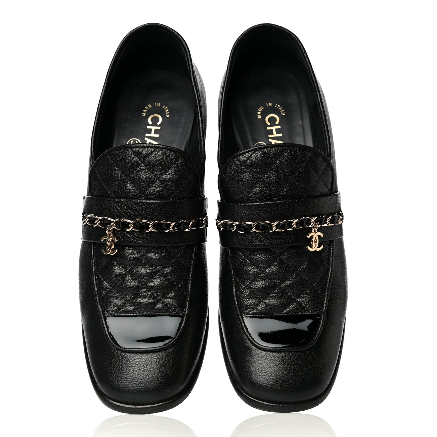 Calfskin Patent Quilted CC Chain Mocassin Loafers 39.5 Black