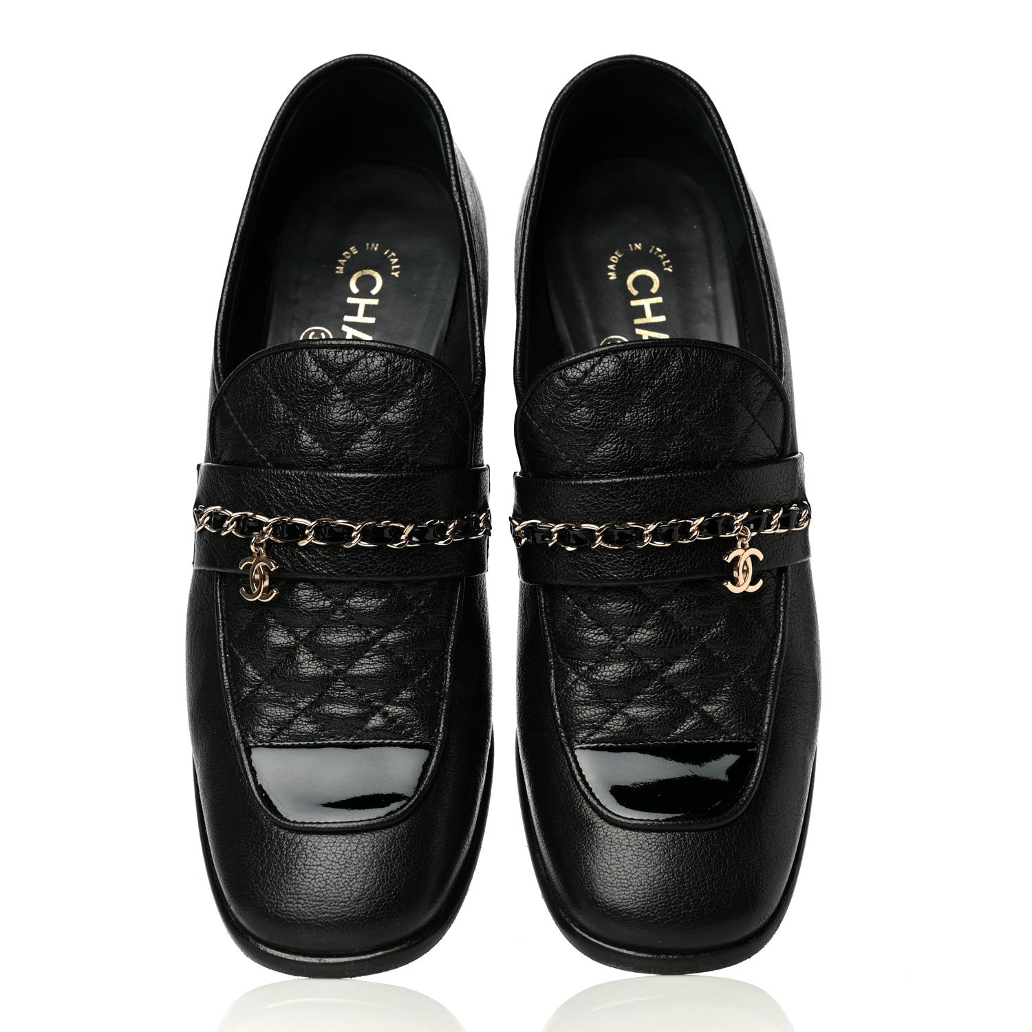 Chanel Calfskin Patent Quilted CC Chain Mocassin Loafers 39.5 Black 7 of 15